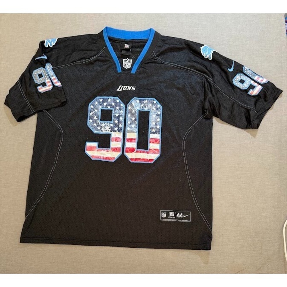 Detroit Lions Suh #90 Nike NFL Stars & Stripes Jersey Mens 44 Black Short Sleeve
